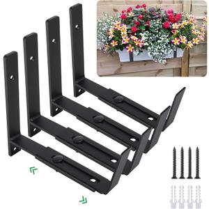Adjustable Window Planter Box Brackets 4 Pack, Heavy Duty Wall Mount Flower Box Holder for Planter Box Depth (Front to Back) 6 to 12 Inches, Black (SET OF 4)