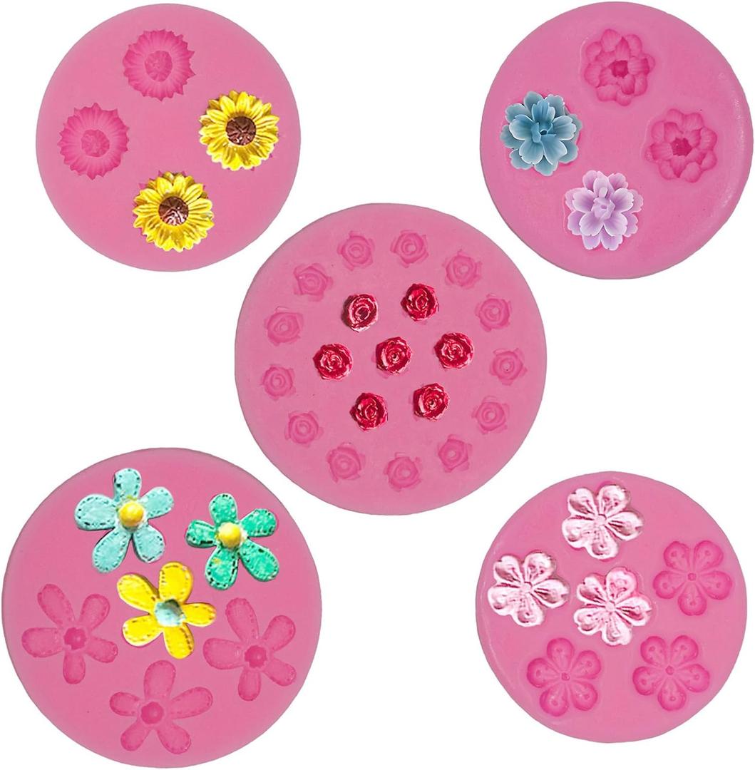 5Pcs Rose Flower Silicone Candy Molds, Mini Daisy Fondant Chocolate Molds Kit Cupcake DIY Chocolate Fondant Candy Cookies Crafting Party Wedding Cake Sugar Dessert Decorating Baking Mold (Pink)
