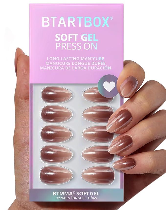 BTArtbox Press On Nails Almond - Molten Chrome, Ombre Brown Short Press On Nails with Glue and Adhesive Tabs for Women, Soft Gel Glue On Nails in 16 Sizes - 32 Stick On Nails Kit
