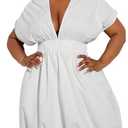 WDIRARA Women's Plus Size Deep V Neck Bubble Dress Short Sleeve A Line Mini Dresses White 3X-Large Plus