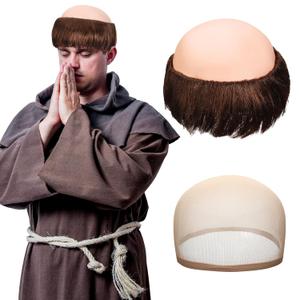 Zeyune Halloween Wig for Men Bald Wig Brown for Adult Cosplay Costume Short Character Holiday Party Outfit Accessories(Monk)