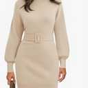 Saodimallsu Women's Long Sleeve Mini Sweater Dress Mock Neck Fall Dressy Casual Knit Bodycon Dresses with Belt (Khaki, Size Large)