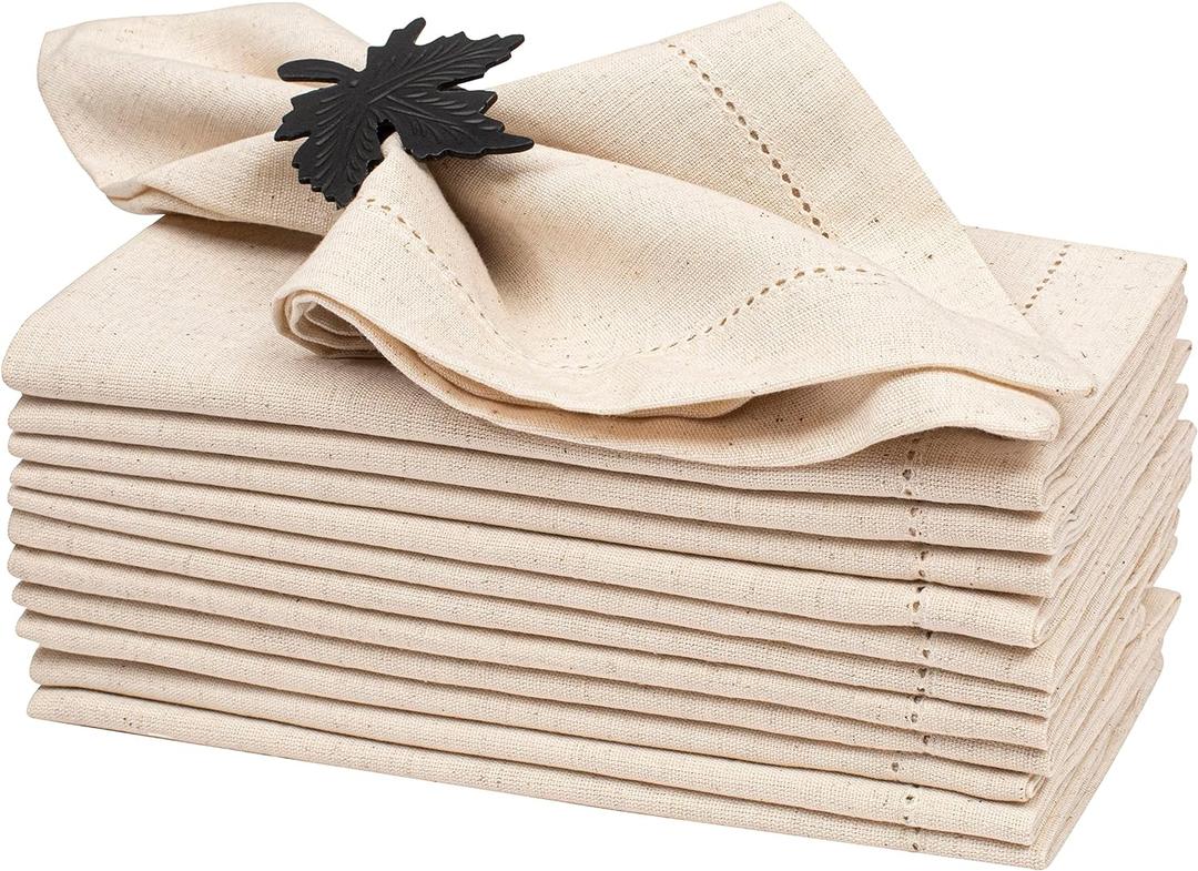 Lightnpro Flax Linen Napkins Set of 12  Hemstitched Dinner Cloth Napkins, Washable and Reusable Natural Flax Napkins for Dining, Parties, Weddings, Holiday & Everyday Use  18x18 Inch Natural Color