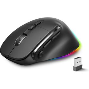 Ergonomic Rechargeable Mouse with Jiggler, Bluetooth+2.4G Wireless+Wired(3 in 1) Connection, Max 4800DPI, Rapid Fire Key, 5ft Charging Cable, Carpal Tunnel Silent Mice with LED for Office,Gaming (Black)