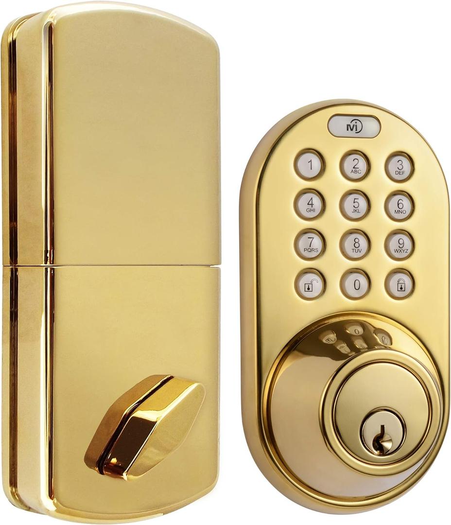 MiLocks TF-02P Keyless Entry Door Lock with Keypad, Auto-Lock Triple Security System, Easy to Install Keypad Door Lock for Interior or Exterior Use, Polished Brass