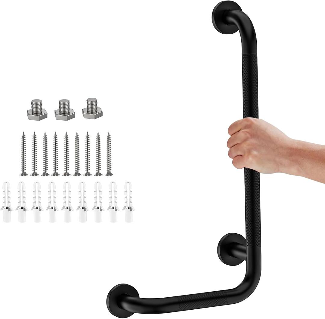 L-Shaped Angled Grab Bar 12x24 Inch Matte Black Anti-slip Knurled Shower Handles Wall Mount, 1.25" Diameter Shower Bars for Seniors Injured Balance Support, Handicap Grab Bars for Bathtubs and Showers