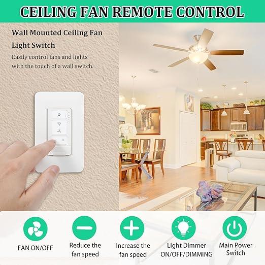 Dimmer Switch & Ceiling Fan Remote Control, 4-Speed Wall Switch, 2 in 1 Light and Ceilig Fan Combination, Single Pole, Neutral Wire Needed, Compatible with Hampton Bay Harbor Breeze Hunter