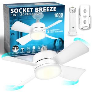 Bell+Howell Socket Breeze Socket Fan Light with Remote, Portable Small Ceiling Fans with Lights for Bedroom, Kitchen, Living Room, Ceiling Fan with Light 3500K, 1000 Lumens, Screws into E26/E27 (White)