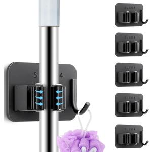 5 Pack Heavy Duty Mop and Broom Holder Wall Mount, No Drill Self Adhesive Stainless Steel Hanger with Hooks, Anti-Slip Tool Organizer for Bathroom, Kitchen, Garage, Laundry Room (5, Black)
