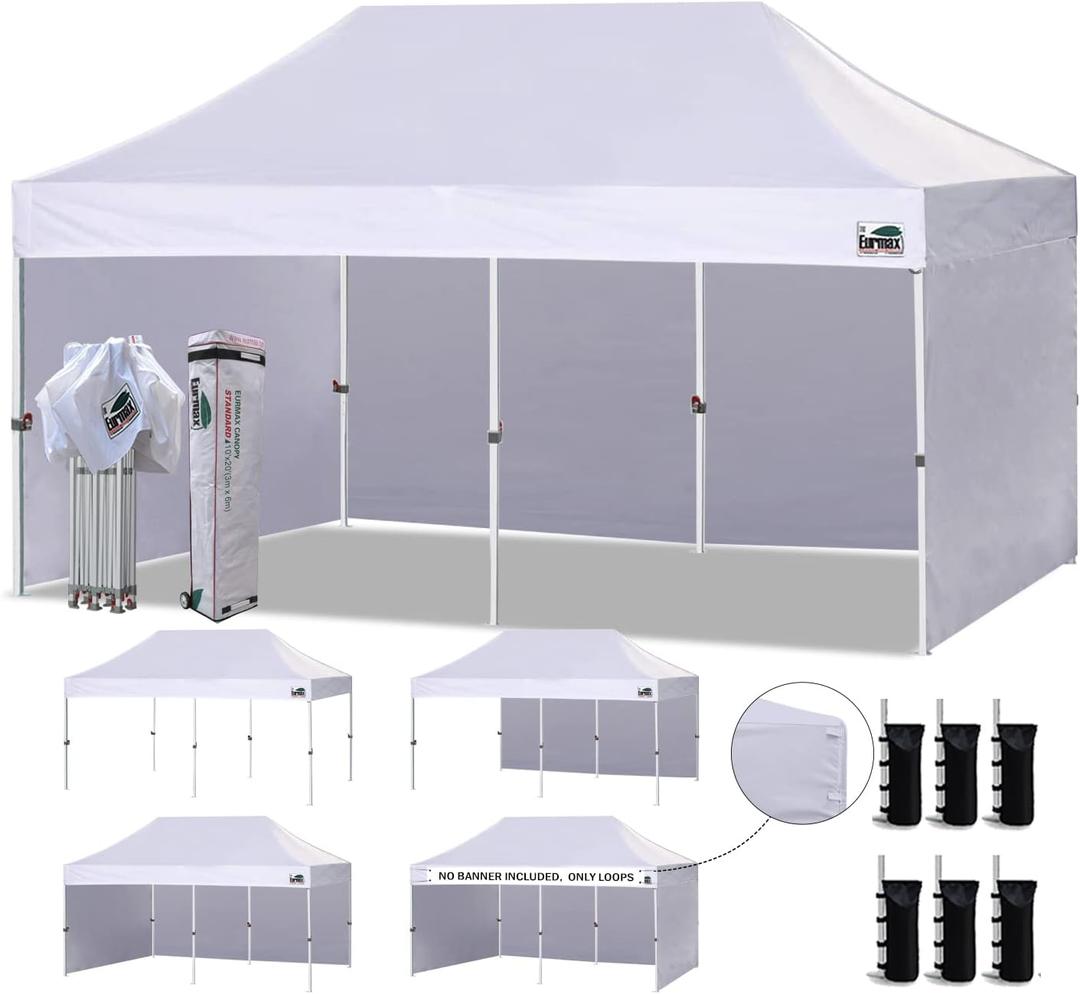 Eurmax USA 10'x20' Pop-up Canopy Tent Commercial Instant Canopies with 4 Removable Zipper End Side Walls and Roller Bag, Bonus 6 SandBags(White)