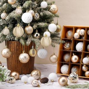 Lunmon 64 Pcs Neutral Christmas Ball Ornaments Champagne Gold White Christmas Tree Decorations Set 1.6/1.97/2.4 Inch Shatterproof Glitter Matt Xmas Baubles Neutral Ornaments for Xmas Tree Home Decor