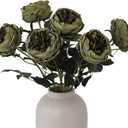mizii 6Pcs Burnt Green Artificial Roses Flowers Fake Silk Roses Flower with Long Stem for Wedding Decorations Table Centerpieces Flower Arrangement Home Decor (Burnt Green)