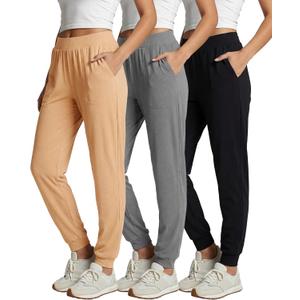 Real Essentials 3 Pack: Women's Ribbed Lounge Jogger Casual Pants Cuffed Sweatpants with Pockets (Available in Plus), 2XL