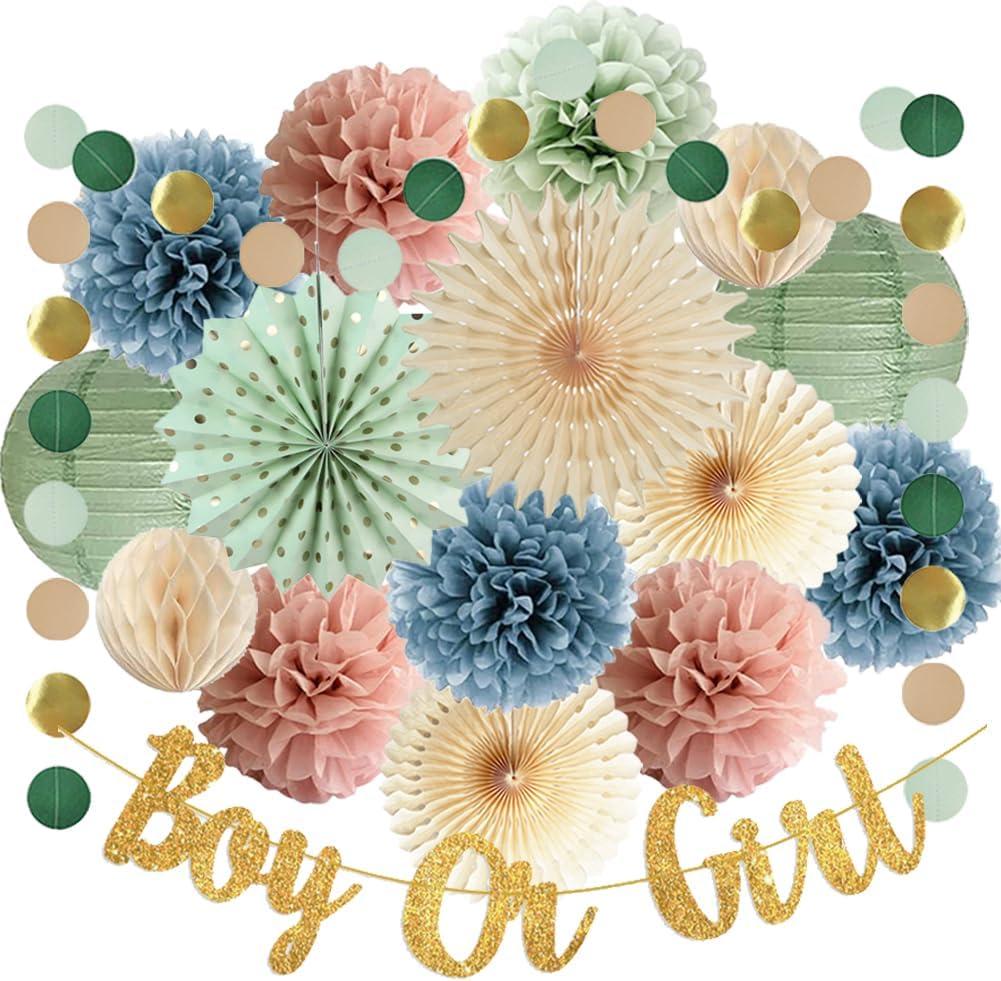 Baby Gender Reveal Decorations Sage Green Dusty Pink and Blue Baby Shower Decorations Boy Or Girl Banner Sage Dusty Pink Blue Paper Pom Poms Fans for Baby Girls Boys Shower Party Decor