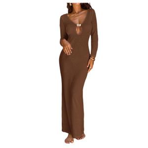 GORGLITTER Women's Crochet Long Sleeve Bodycon Maxi Dresses Metal Cut Out V Neck Fall Lightweight Sweater Knit Dress Brown X-Large