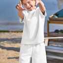 Haloumoning Boys 2 Piece Summer Outfits Short Sleeve Tshirts and Elastic Waist Shorts Casual Texture Sets (White, 9-10y)