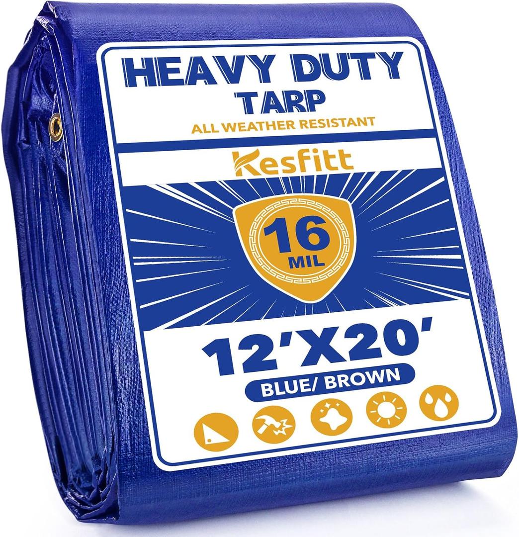 Kesfitt Tarp Heavy Duty Waterproof 12x20FT,16 Mil Thick Tarps Tear&Fade Resistant,UV Resistant,Poly Tarp Cover with Grommets and Reinforced Edges for Outdoor Camping Pools Boat Car(Blue/Brown)