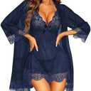 RSLOVE Women Sexy Lingerie Set 3 Piece Babydoll & Lace Kimono Robe Strap Chemise Sleepwear Mesh Nightgown, XL