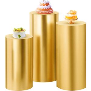 SaitiMade Set of 3 - Gold Cylinder Pedestal Stand Covers, Flexible Cylinder Stand Covers for Party, Wedding or Birthday Event Decor - Only Contains Cylinder Covers