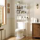 Over The Toilet Storage Rack, Bathroom Organizer with 3 Shelves & Basket, Space Saver Over Toilet Shelf with Adjustable Hooks, White, 24.8 inches x 9.84 inches x 68.11 inches