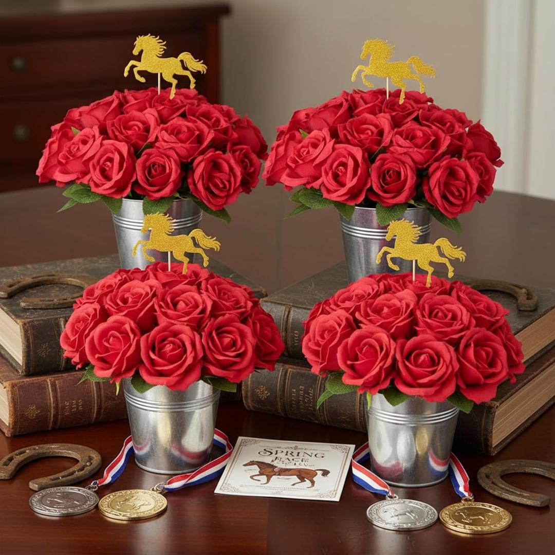 Yinder 32 Pcs Derby Day Horse Party Decorations, The Roses Centerpiece with Horse Racing Centerpiece Sticks, Simulated Iron Flower Pots, Artificial Rose for Derby Day Racing Birthday Party Supplies