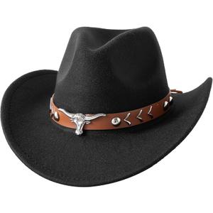 JOYEBUY Western Cowboy Hat for Kids Boys Girl Classic Roll Up Fedora Hat with Buckle Belt (6-10 Years, Black)