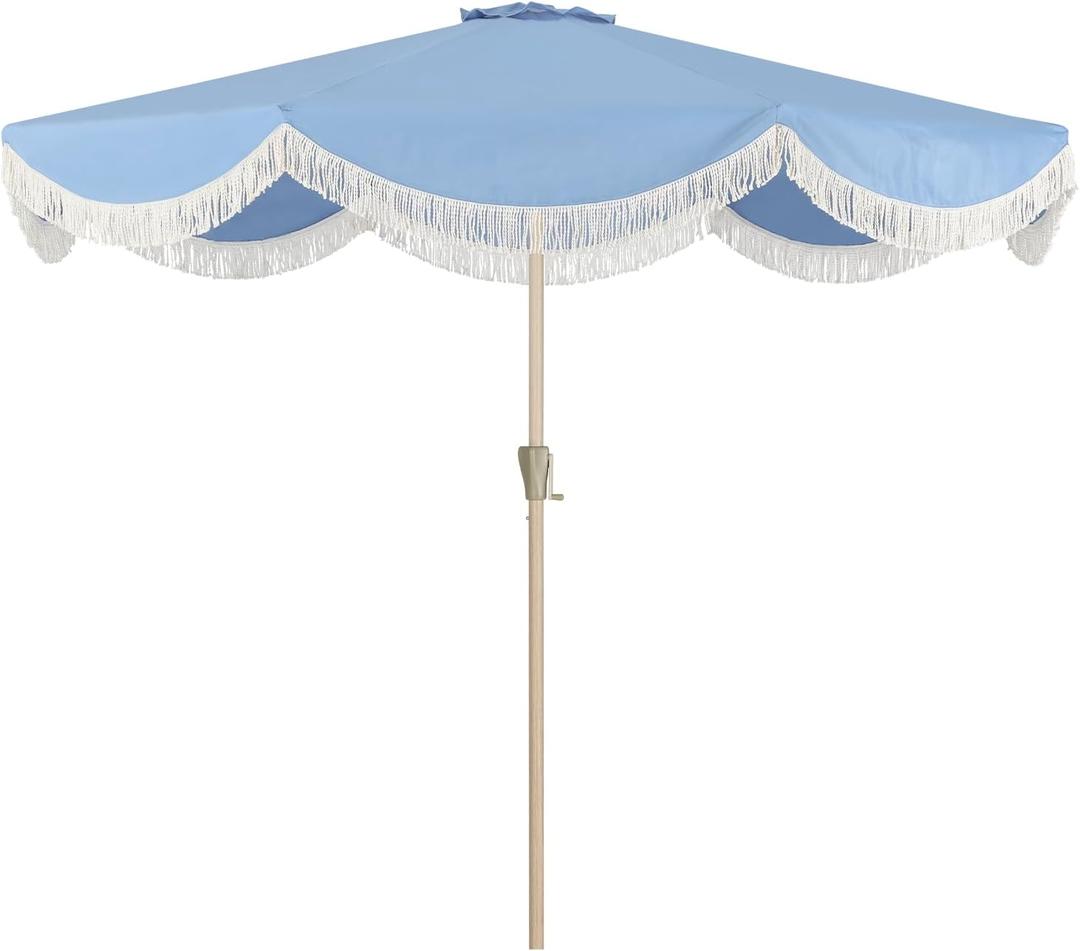Tempera 9ft Blue Scalloped Patio Umbrella with Fringe,UV Protection Fade Resistant Canopy, 8 Sturdy Ribs, Outdoor Table Umbrella with Crank Tilt for Lawn, Pool, Deck, Balcony