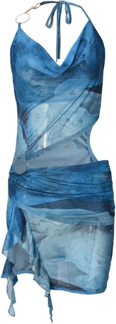 Women Sexy Sheer Halterneck Mini Dress Hollow Out Colourful Mesh Floral Dress for Beach Party Night (Small, Blue)