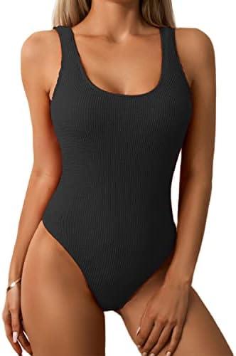 Limeeke Women One Piece Swimsuit Solid Ribbed Monokini Swimwear Scoop Neck Low Back Bathing Suit XL