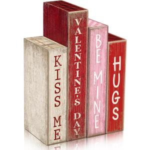 4 Pcs Valentines Day Decoration Wooden Book Valentine's Day Table Decoration Pink Red and White Valentines Tiered Tray Decor Wood Book Sign Farmhouse for Wedding Home Shelf Coffee Table