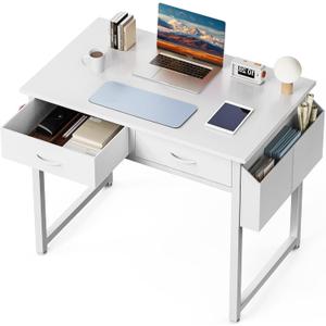 DUMOS 32" Home Office Computer Desk with Drawers, Small Gaming Writing Study Table with Storage Side Bag, Headphone Hook and Adjustable Feet for Bedroom White