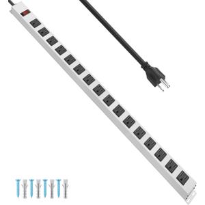 Metal 16 Outlet Power Strip, Mountable Heavy Duty Power Strip, 1200J Surge Protector Wall Mount Screws Outlet with Switch, Gaming Desk Strips Wide Spaced 15A 125V 1875W, 10 FT 14AWG Power Cord