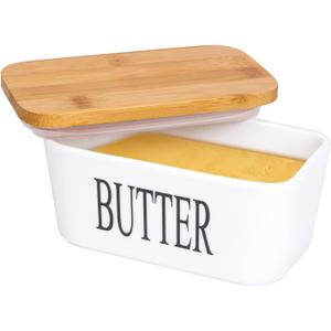 Larger Butter Dish with Cover-22Oz Ceramics Butter Container with Bamboo Lid for Countertop,Double-layer Silicone Sealing with Covers Perfect for East West Coast Butter (White with Words) Larger Butter Dish with Cover-22Oz Ceramics Butter Container with Bamboo Lid for Countertop,Double-layer Silicone Sealing with Covers Perfect for East West Coast Butter (White with Words)