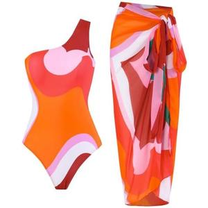 Women One-Piece Swimsuit with Cover up Sarong Wrap Skirt 2PCS Floral Bathing Suits Summer Holiday Beachwear, Extra Large, Red and Orange 