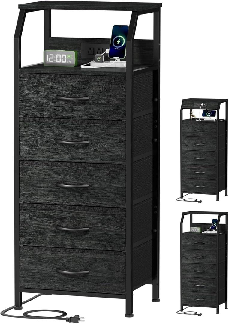 Furnulem 5 Drawers Dresser with Charging Station, Fabric Chest of Drawers with Open Shelf, Tall Night Stand, Bedside Table for Closet, Entryway, Bedroom Furniture, 3 Ways to Use, Black Oak