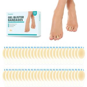 Blister Bandages Pads - 50 ct Blister Cushions - Water Resistant Hydrocolloid Bandage for Foot, Toe, Heel - Gel Blister Bandages for Prevention & Recovery, Toe Pack