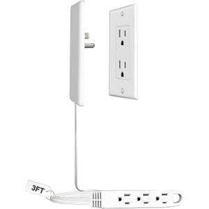 3FT Ultra Flat Plug Extension Cord Power Strip with 3 Outlets, Patented Detachable Ultra-Thin Outlet Cover Concealer & Ultra-Flat Plug, Max. 13A 125V 1625W ETL Listed, White Color