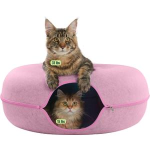 Cattasaurus Peekaboo Cat Cave Donut for Multiple & Large Cats up to 30-45 lbs, 3-in-1 Self Warming Cat Bed, Tunnel & Scratcher for Indoor Cats, Washable & Detachable Small Dog Bed (Pink, Jumbo)