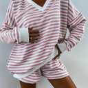 Melliflo Women 2 Piece Outfits Lounge Sets Striped Print Long Sleeve V Neck Sweatshirt and Shorts Set Sweatsuit (XL)