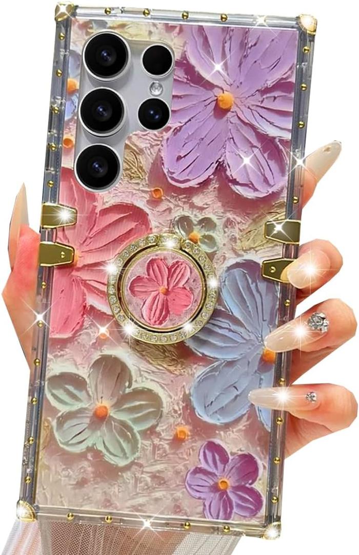 for Samsung Galaxy S25 Ultra Glitter Floral Case, Cute Colorful Retro Oil Painting Printed Flowers with Bling Sparkly Ring Kickstand Shockproof Women Girls Case for Galaxy S25 Ultra,Colorful