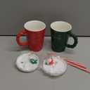 Christmas Mugs Set of 2, 16Oz Ceramic Cups with Santa & Tree Toppers Lids, Knitted Pattern Cup & Striped Straws, Perfect Holiday Gift for Couples & Family (Red, Green)