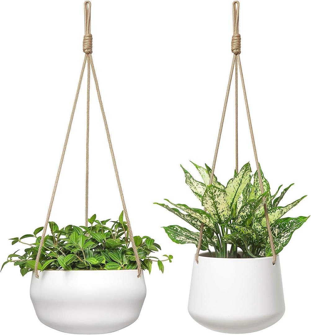 Mkono Ceramic Hanging Planter of Shallow 8 Inch and Deep 6 Inch for Indoor Outdoor Plants, Set of 2 Modern Plant Pot Geometric Porcelain Hanging Basket with Polyester Rope Hanger