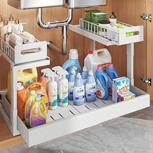1 Pack Expandable Under Sink Organizers Storage With Upgrade Ball-Bearing Slide Tracks, 2-Tier Pull Out Under Cabinet Organizer Height Adjustable, Not Suitable For Cabinets With Partitions In The Middle
