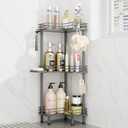 Consumest Corner Shower Caddy Standing - 3-Tier Stainless Steel Shower Organizer with Soap Holder and 4 Hooks, Large Capacity Corner Shelf Stand for Bathroom, Rest Room, Grey