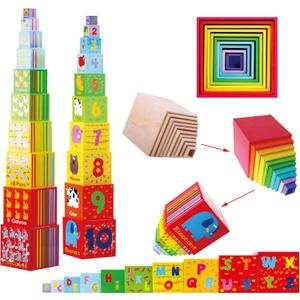 TOWO Wooden Stacking Boxes-Nesting and Sorting Cups Numbers Alphabet Animals Blocks for Toddlers-Stacking Cubes Educational Toys for 2 Years Old Montessori Materials