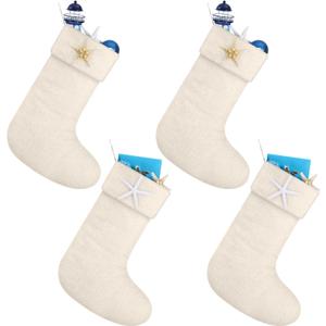 4 Pcs Coastal Christmas Stockings 18 Inch Beach Nautical Linen Socks with Starfish Christmas Large Ocean Stocking Bags Hanging Socks for Xmas Tree Fireplace Holiday Ocean Party Decor