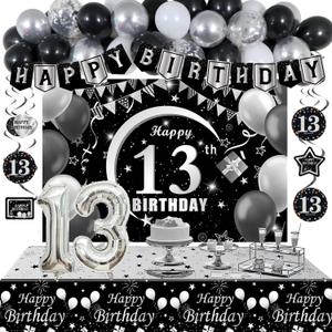 13th Birthday Decorations for Boys Girls, Black White 13 Year Old Boy Birthday Decorations with Happy 13th Bday Banner Balloons Backdrop and 32in Number 13 Balloons, Black Silver Thirteen Party Decor