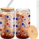 2 Pcs Patriotic Glass Cups with Bamboo Lids and Straw White Blue and Red Tumbler 16 oz Coffee Beer Cups for American Flag Independence Day Party Supplies Office Home Gifts(Star)