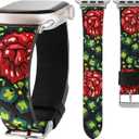 Moolia Floral Leather Band Compatible with Apple Watch Band 42/41/40/38/46/45/44/49mm Women, Cute Romantic Vintage Rose Pattern Strap for iWatch Series 11 10 9 8 7 6 5 4 3 2 1 SE/Ultra(1/2/3) (Black/Red)