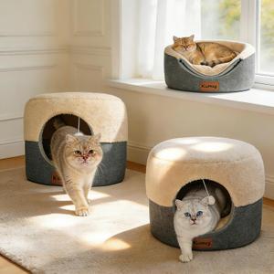 2 Pack 2-in-1 Cat Cave Bed, Cozy Covered Cat Beds for Indoor Cats | 15.7"D x 13"H, Cave To Bed In Seconds, Ideal For Cats That Love To Curl Up, Pet-Safe Materials, Machine Washable, Grey